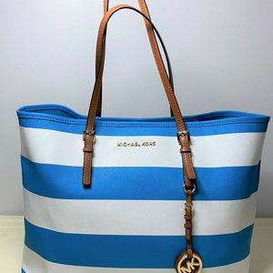Michael Kors Jet Set Blue & white stripped Saffiano Leather Tote Bag